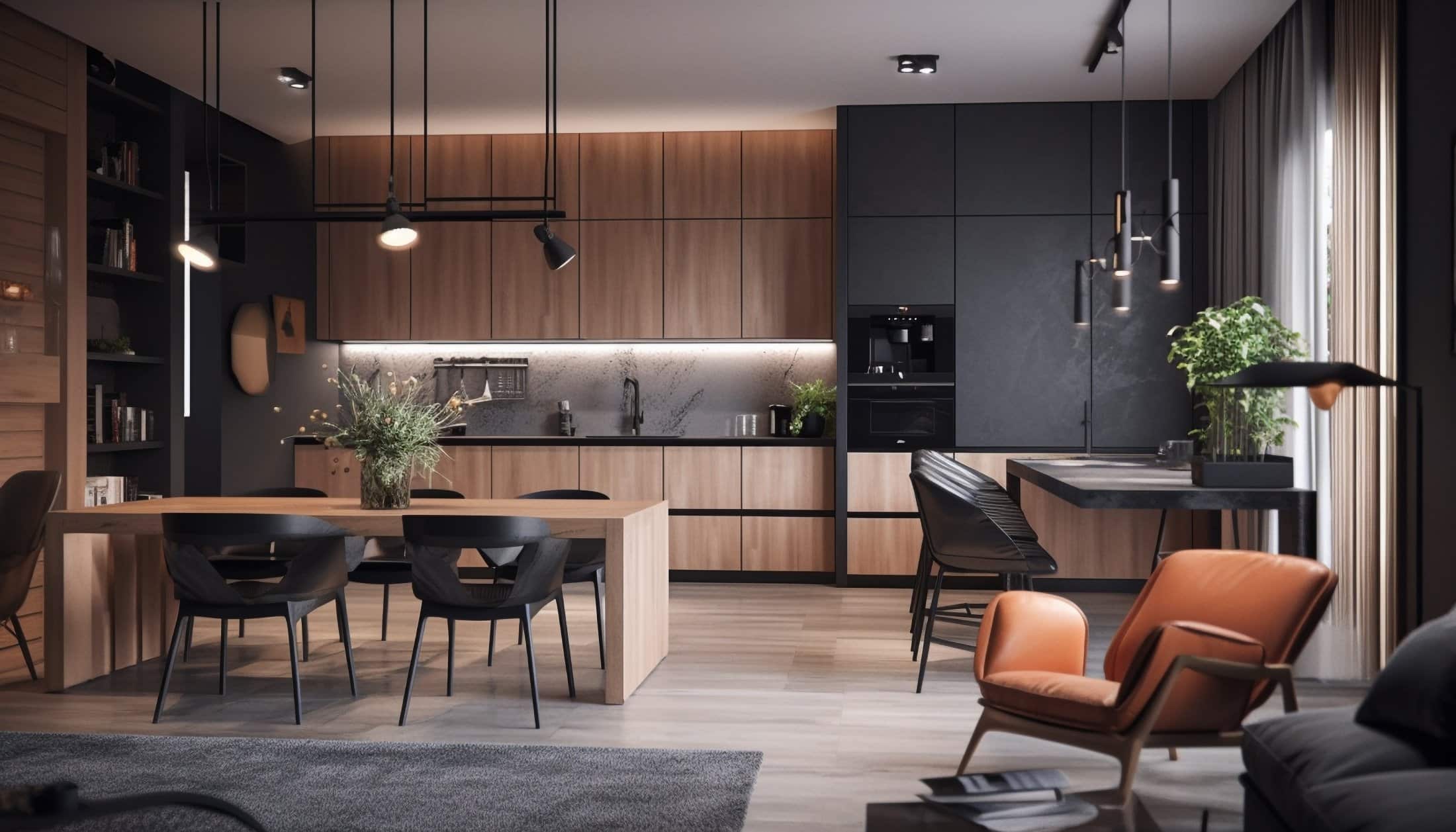 Luxury domestic kitchen with elegant wooden design generated by artificial intelligence