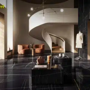 Image showing a Black Beauty slab tile floor in a big lobby