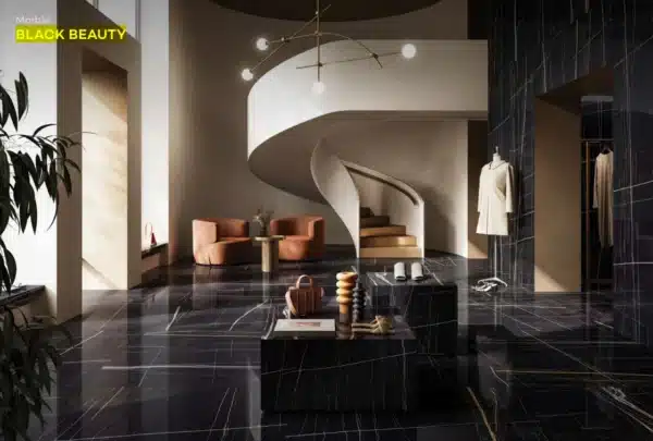 Image showing a Black Beauty slab tile floor in a big lobby