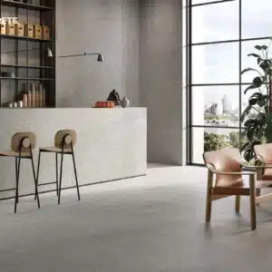 A minimalistic home with open living room and Loft Concrete Floor Tiles