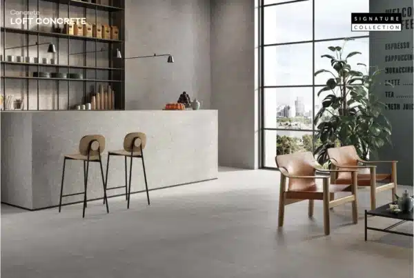A minimalistic home with open living room and Loft Concrete Floor Tiles