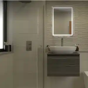 image of bathroom with mirror on wall, beside highlighting the Paleo wall tile by Ashlee
