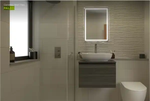 image of bathroom with mirror on wall, beside highlighting the Paleo wall tile by Ashlee