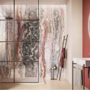 A beatiful closeup of a house entry , showing big painting, sofa chair and highlighting Preziosi Tiles for Walls anf floor