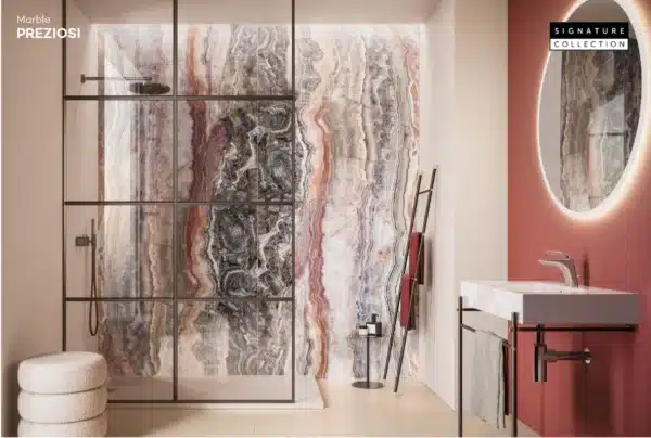 A beatiful closeup of a house entry , showing big painting, sofa chair and highlighting Preziosi Tiles for Walls anf floor