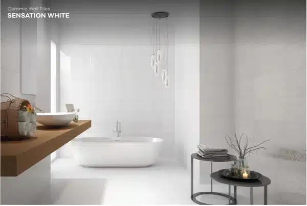 A modern bathroom where tub is lying on floor and image focused on wall highlights Sensation Wall Tile