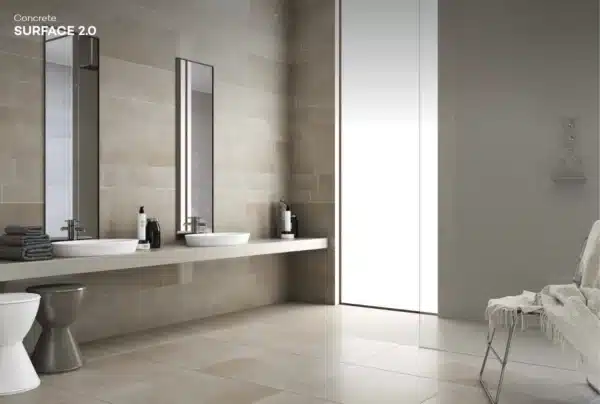 A closeup image of a modern minimalistic room with shelve and big mirror, image highlights Surface Floor & Wall Tiles