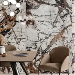 A closeup of a wall of living room, highlighting Urban Gold Marble Tile For Wall & Floor