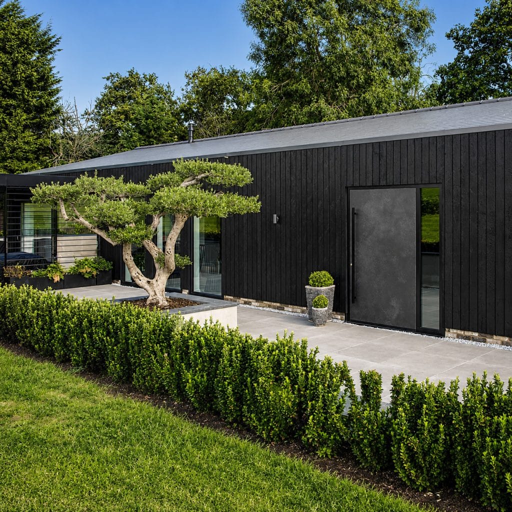 Grey external entrance door set in black composite cladding