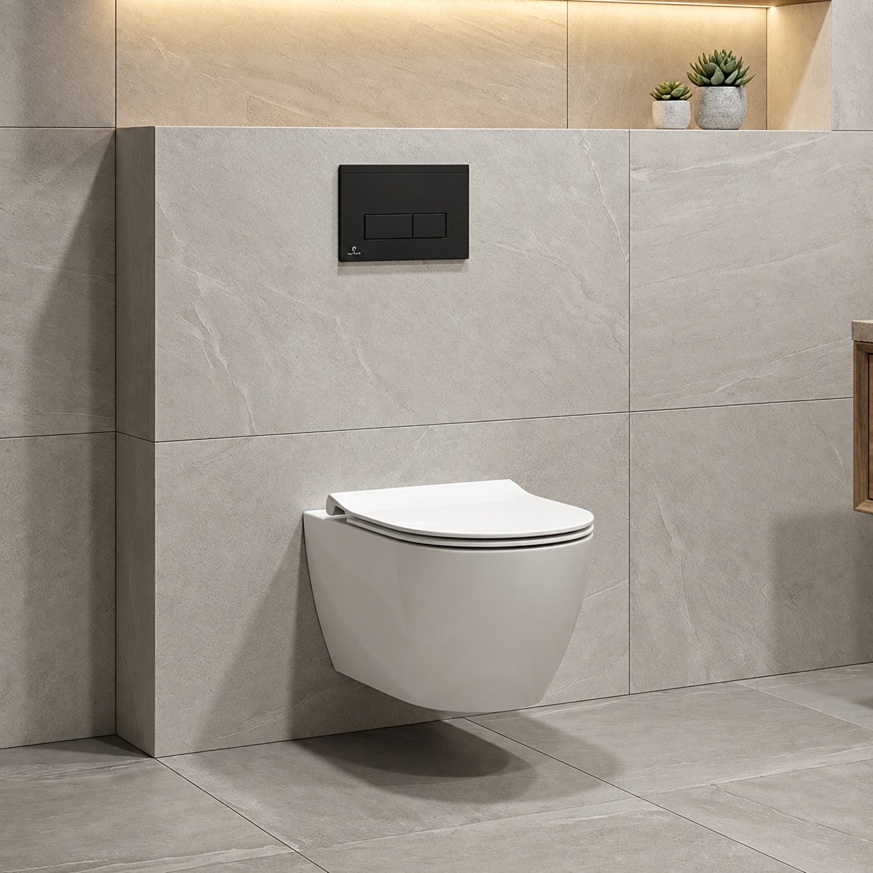An eye-level shot captures a modern wall-hung toilet set against large, light beige stone-textured tiles. A rectangular, matt black dual-flush plate is mounted on the tiled wall projection directly above the closed white toilet lid. Above the toilet structure, a recessed wall niche is lit with warm, soft lighting and holds two small succulent plants in gray ceramic pots on the right side.