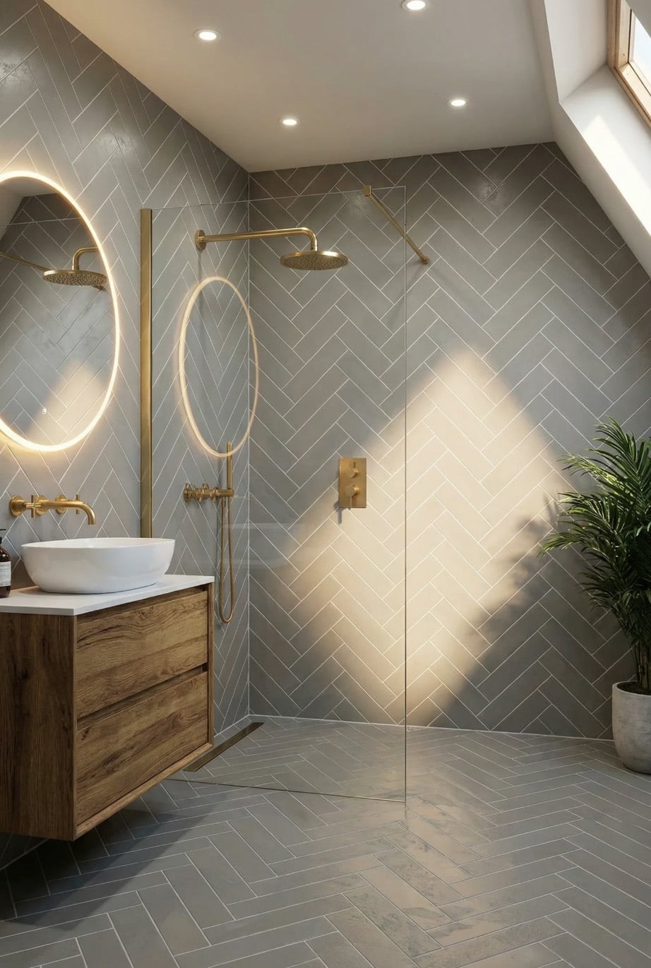 Modern bathroom with grey herringbone tiles, a wooden vanity with a white vessel basin, round backlit mirrors, a glass shower, gold fittings, and a potted plant by a skylight.