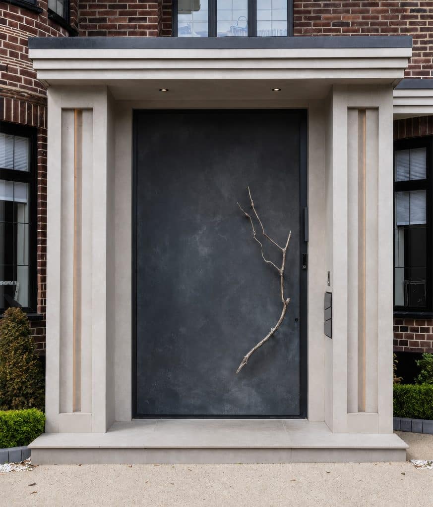Aluminium entrance door with a unique, branch like handle set in a large porch area